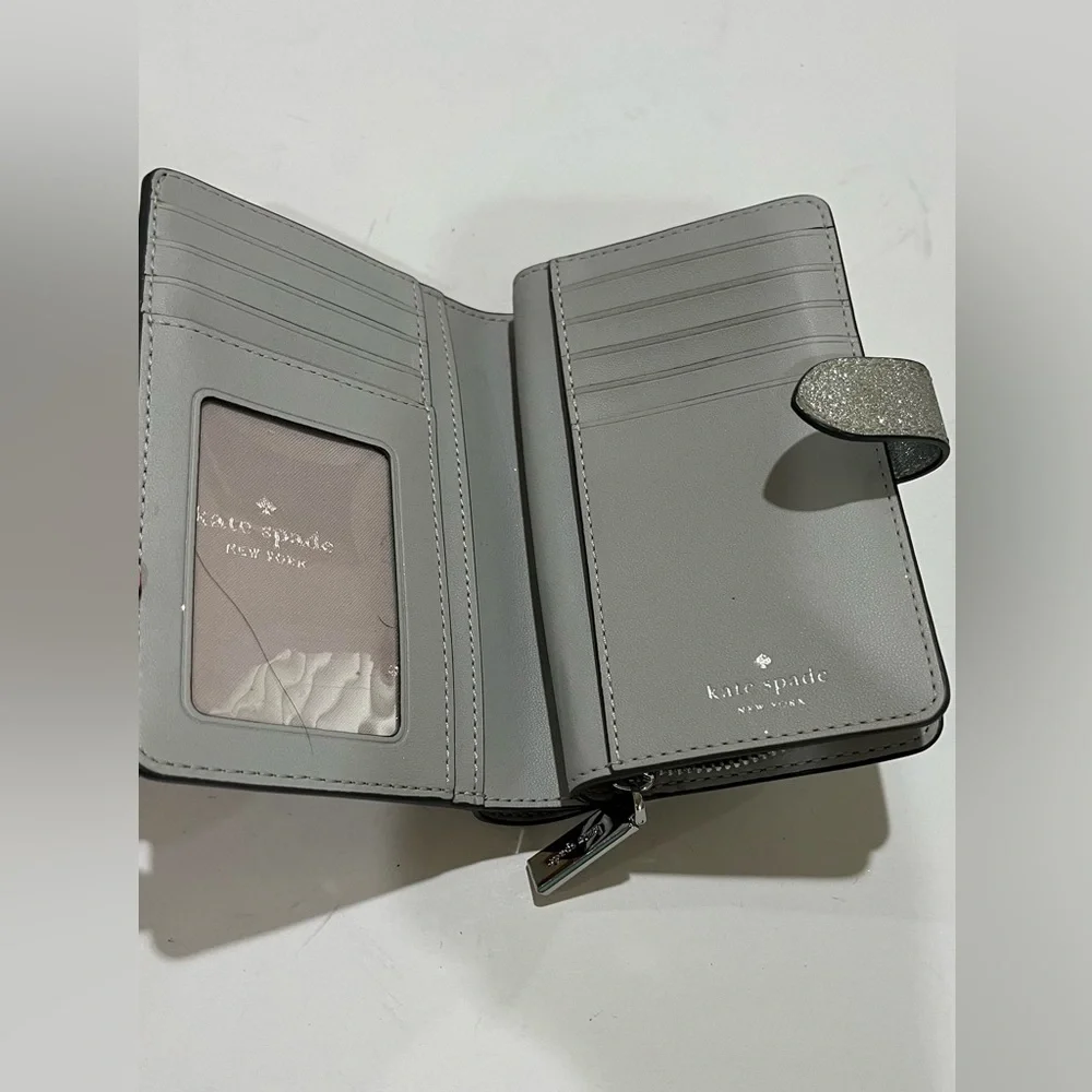Kate Spade small wallet, lather grey silver shimmer 5.5 x 3.5